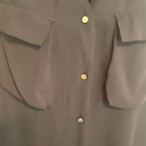 Ladies Zara Semi Sheer Black Shirt Size L Collarless Long Length Gold Buttons - Picture 4 of 6